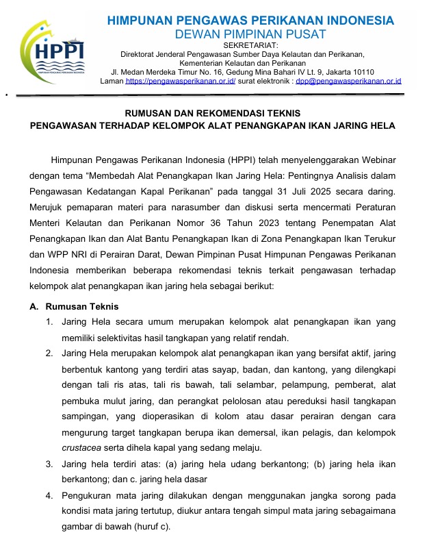 RUMUSAN DAN REKOMENDASI TEKNIS PENGAWASAN TERHADAP KELOMPOK ALAT PENANGKAPAN IKAN JARING HELA